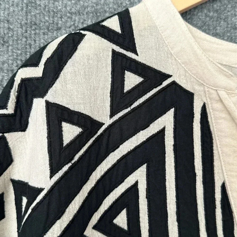 See And Be Seen Top Womens Small Cream Black Gauzy Geometric Peasant Boho Blouse - Picture 8 of 16